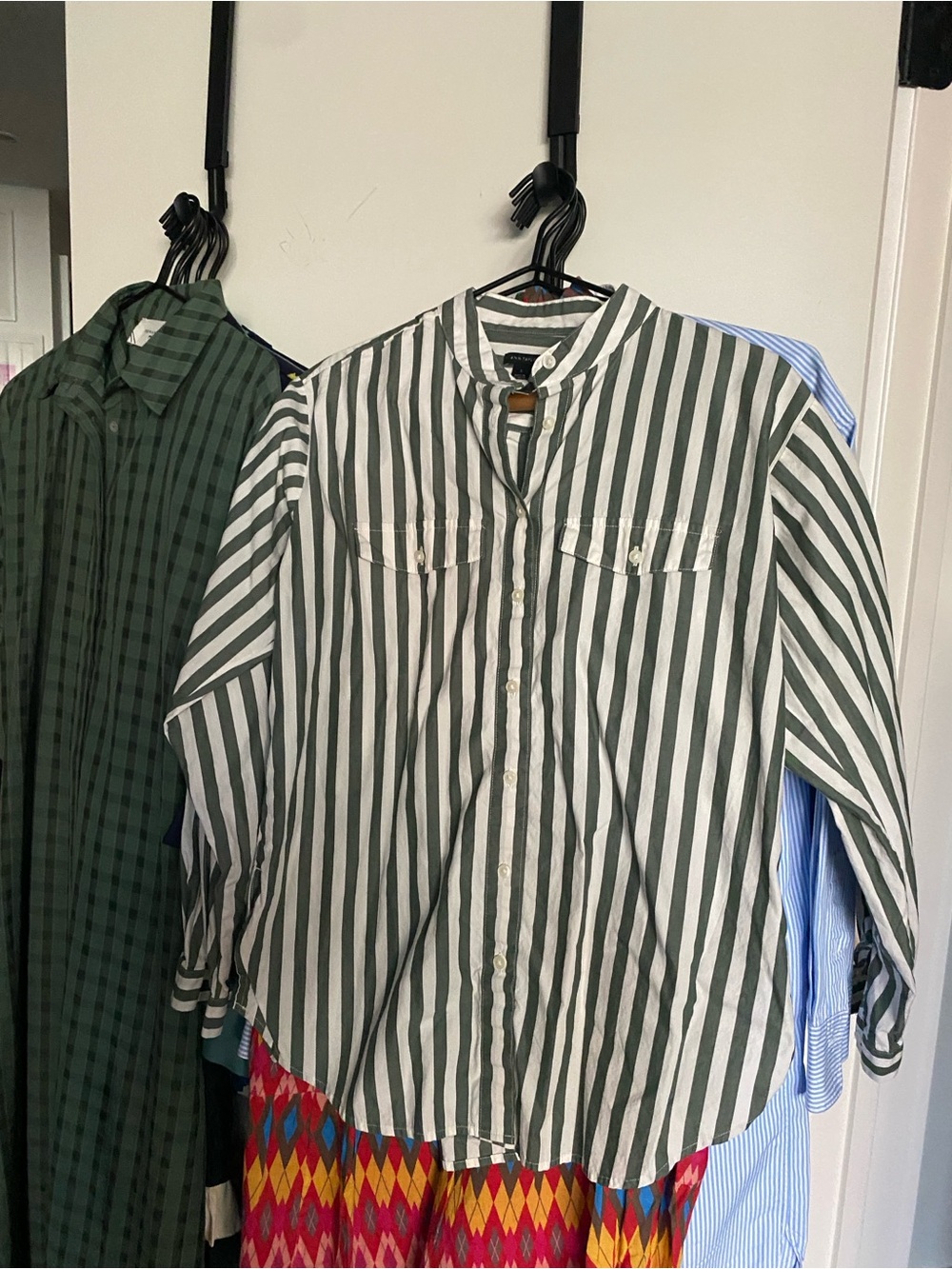 Ann Taylor Green and White Vertical Stripe Button-Down Shirt